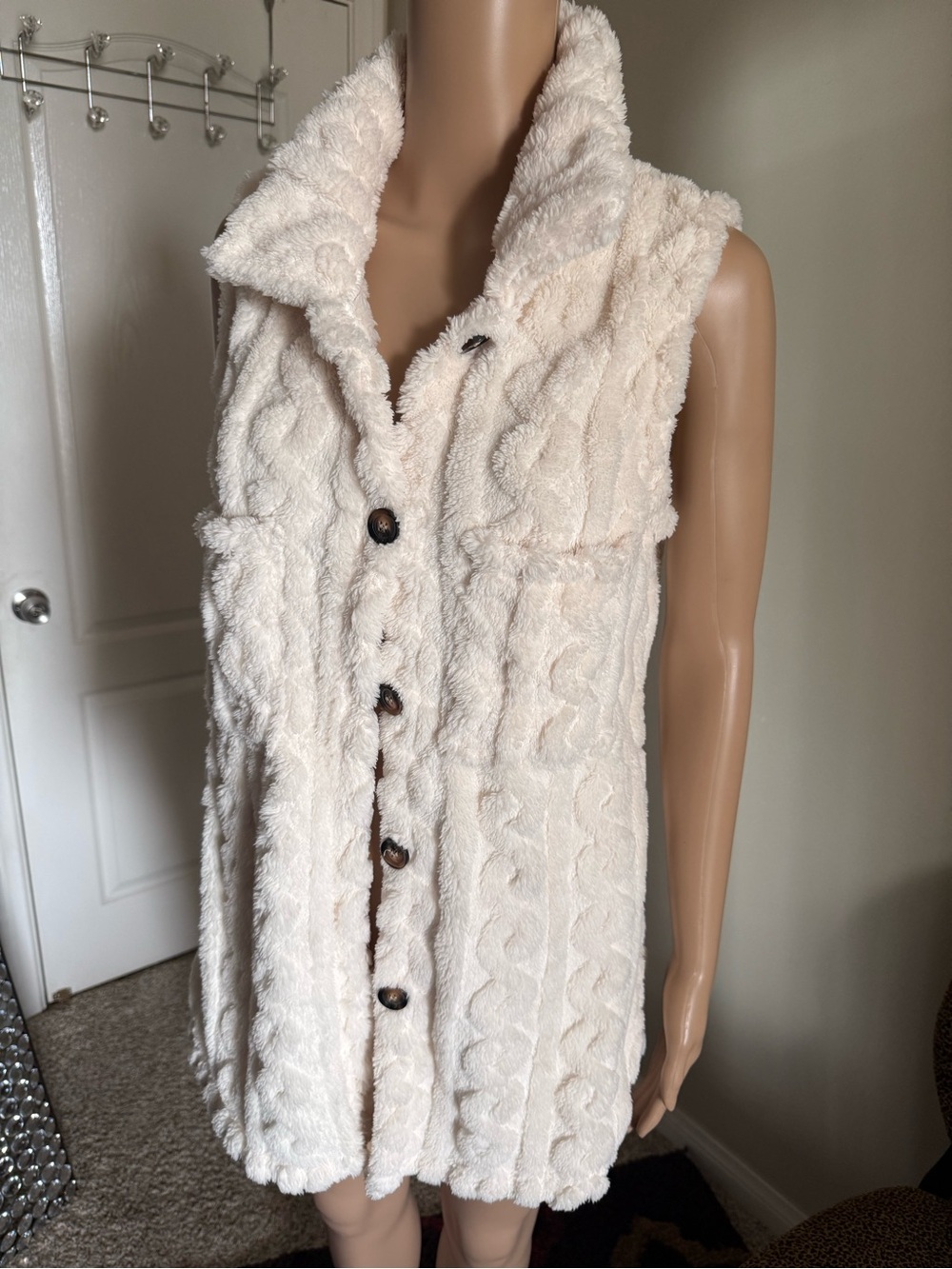 Plush Cream Faux-Sherpa Button-Front Vest